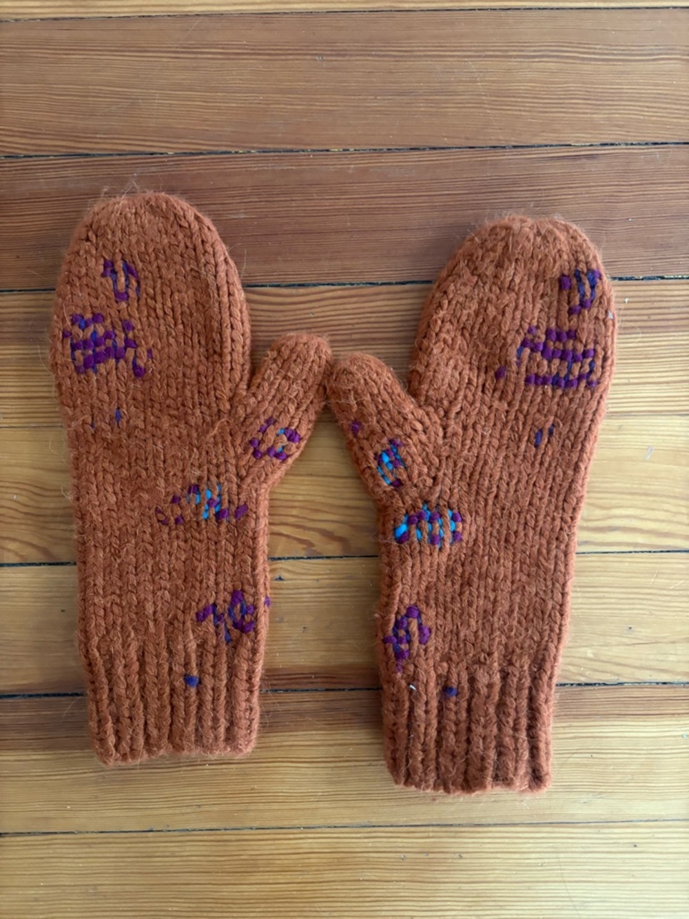 NWOT Rachel Comey Rust Orange Knit Mittens with Purple & Teal Accents